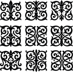 Square ornaments vector set, vintage baroque fleur de lis elements, black decorative scroll vignettes, heraldic filigree symbols for tile decoration © Graphiccircle