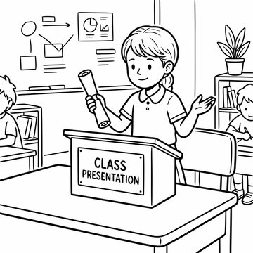 Student presenting in classroom while holding a rolled paper for Knowledge Day  
