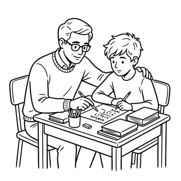 Man helping boy with homework while sitting at a table for Knowledge Day  