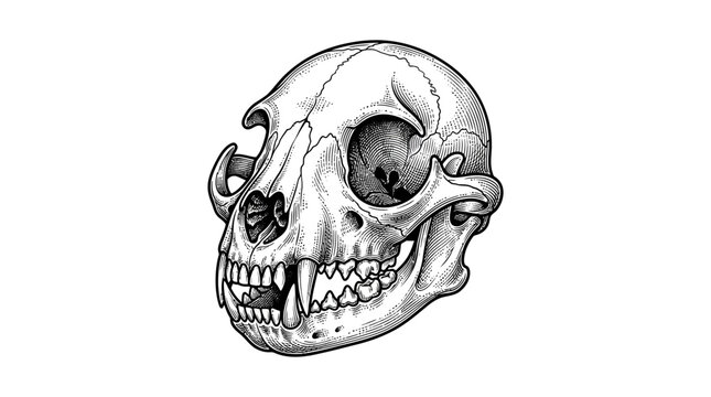 Detailed animal skull side profile stipple illustration.