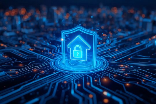 House icon locks securely within futuristic design. Cyber security safeguards homes through technology. Abstract digital illustration shows secure smart house in futuristic city