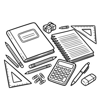 School stationery items including notebooks, pens, and calculator for Knowledge Day  