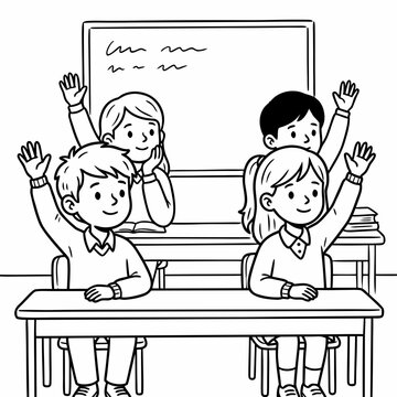 Group of children raising hands in classroom during Knowledge Day  