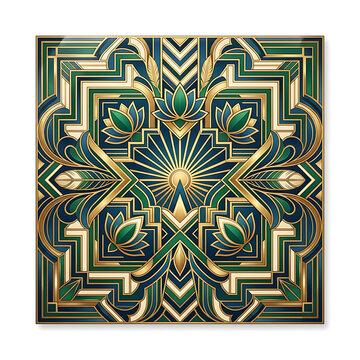 Elegant Art Deco Square Frame with Gold and Teal Geometric Patterns and Floral Lotus Ornaments