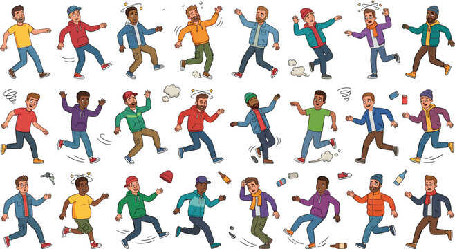 Drunk and dizzy men stumbling character pose vector set with clumsy intoxicated male people slipping tripping and running away after party alcohol consumption