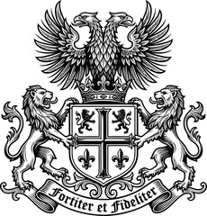 Coat of arms vector, medieval heraldic shield crest with double headed eagle, royal rampant lions, crown, fleur de lis emblem © Graphiccircle