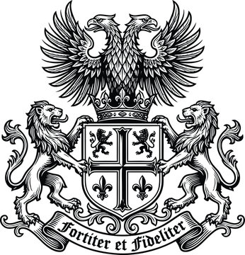 Coat of arms vector, medieval heraldic shield crest with double headed eagle, royal rampant lions, crown, fleur de lis emblem