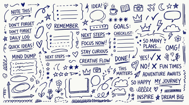 Doodles and handwritten notes cover this page with various checklists, inspirational phrases, and decorative icons to help organize thoughts and daily tasks for a creative project or office planning.