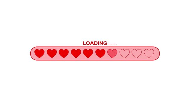 Loading heart progress bar clean background red love icons pink panel. Valentine videos, romantic app demos, wedding greetings, social reels, cute intros, playful status screens, motion animations.