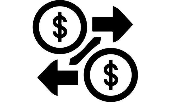 Financial transaction icon depicting money flow with dollar signs and arrows, representing investment, exchange, and monetary movement