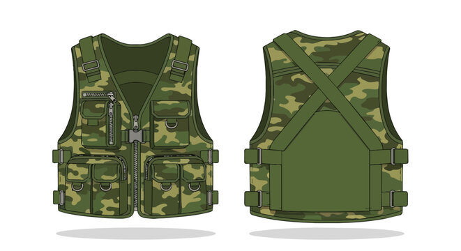 Green Camo Tactical Vest Mockup Front and Back View for Hunting Fishing and Professional Outdoor Gear