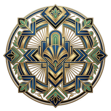 Elegant Art Deco Geometric Mandala Ornament with Gold Blue and Green Metallic Details on White Background