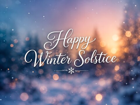 Happy Winter Solstice greeting card with snow-covered forest, soft bokeh lights, and festive text overlay