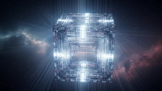 Futuristic Glowing Cube Rotating in Nebula - Sci-Fi Abstract Motion Background