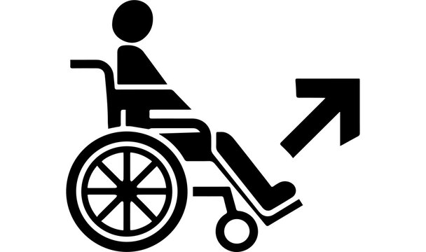 Accessibility icon depicting a person in a wheelchair with an arrow indicating direction for inclusive spaces and universal design