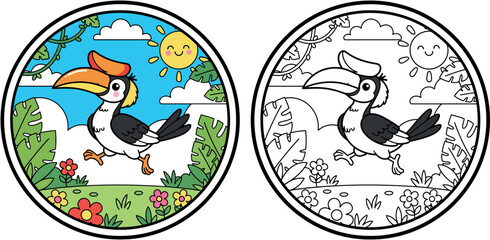 Cute Cartoon Hornbill Running in a Tropical Rainforest Meadow: Charming Vector Illustration © Dewan