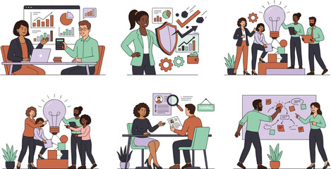 Fototapeta premium Business Analytics Corporate Risk Shield Innovation Brainstorming and Human Resources Hiring Talent Recruitment Vector Illustration Concept Set