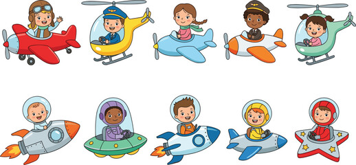 Cartoon Kids Flying Aircraft and Spacecraft Vector Illustration Set Featuring Children as Pilots Astronauts in Airplanes Rockets and UFOs © MDFiroj