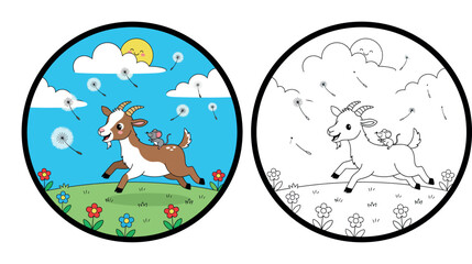 Fototapeta premium Happy Cartoon Goat and Mouse Riding in a Meadow with Dandelion Seeds and Sunshine