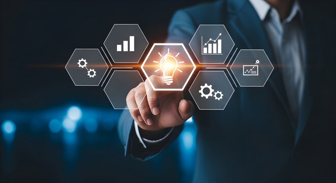 Businessman Interacting with Virtual Interface Featuring Lightbulb and Data Icons for Business Innovation and Digital Strategy Concept