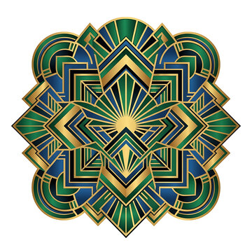 Luxury Art Deco Geometric Mandala Ornament with Elegant Gold Green and Blue Layers on White Background