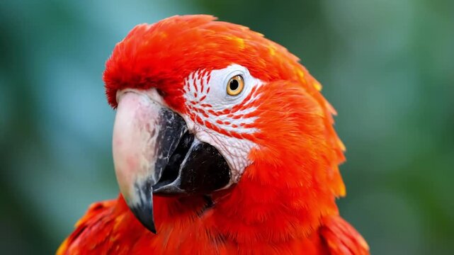 Vibrant scarlet macaw parrot portrait in close-up view. Exotic red tropical bird with detailed feathers and bright beak for wildlife design.