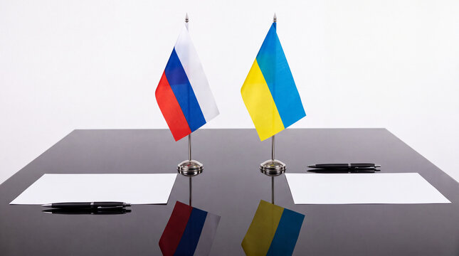 Russian-Ukrainian diplomatic meeting with flags. International negotiations and political diplomacy scene.