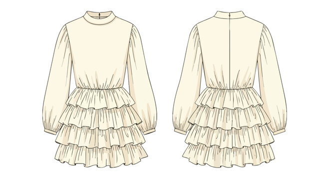 Elegant Women's Cream Puff Sleeve Mini Dress with Tiered Ruffled Skirt Fashion Flat Technical Sketch Front and Back View