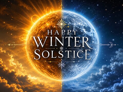 Happy Winter Solstice greeting card with glowing sun and icy moon in cosmic sky backdrop