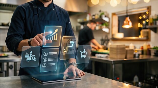Chef using a digital tablet with holographic interface to manage restaurant operations and analyze business data.