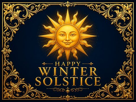 Ornate golden sun with smiling face and intricate filigree border celebrating happy winter solstice