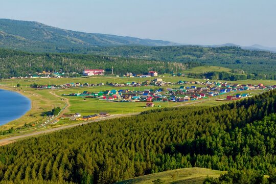 Alpine lake talkas against the backdrop of the Irendyk ridge of the Southern Urals in the Republic of Bashkortostan. Isyanovo village