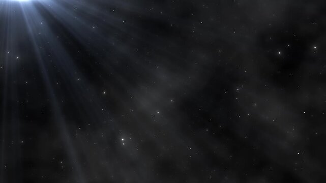 Dark space light ray soft smoke, white stars, and dramatic beam from corner. for cinematic intros, mystery scenes, memorial videos, spiritual titles, astronomy edits, and elegant black overlays.