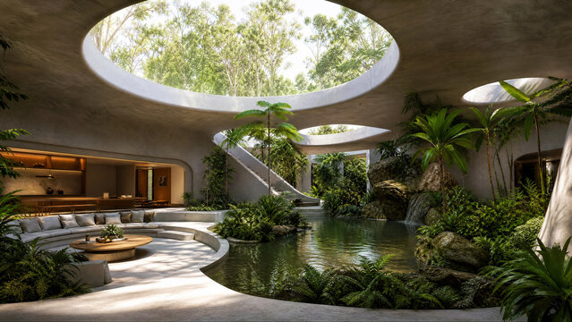 Luxury underground residence with indoor garden. Modern eco-friendly home with atrium.
