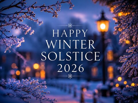 Festive winter solstice 2026 scene with glowing street lamp, snow-covered branches, and holiday text