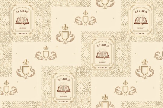 Ex libris bookplate seamless pattern with heraldic shields, fleur de lis, ornate scrolls, and open book on a textured background