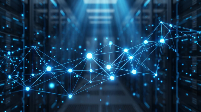 Futuristic data center with glowing network connections and digital particles.