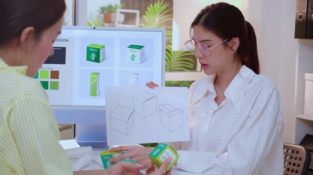 Two asian businesswoman working packaging design with ai computer, team business woman meeting of paper sketch drawing mockup holding prototype product box, creative packaging design project.