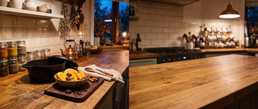 Cozy kitchen with sliced oranges cinnamon sticks and star anise on wooden board beside empty warm countertop, mulled drink and autumn cooking concept.