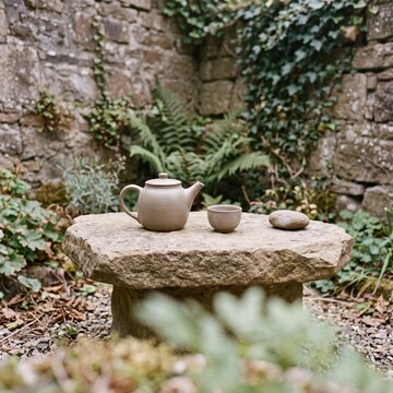 Ceramic teapot with small cup on rough stone table in tranquil courtyard garden with ivy covered wall, tea ceremony ritual and mindful slow living concept.