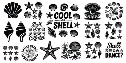 Seashell Starfish Vector Bundle, Nautical Seashell Conch Starfish Silhouette Set, Black White Coastal Shell Collection © magic390