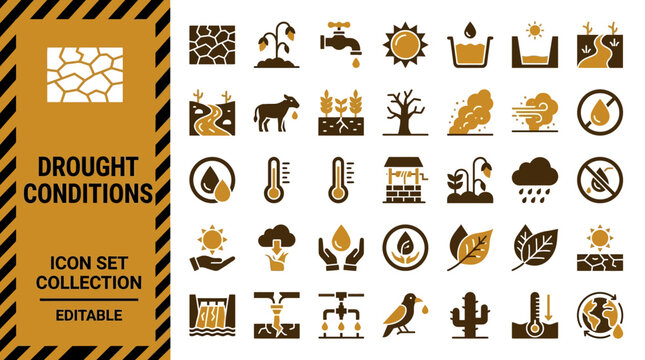 Drought and water scarcity icon set for environmental awareness