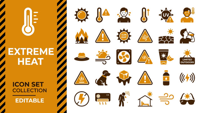 Extreme heat and sun safety icon set for weather warnings