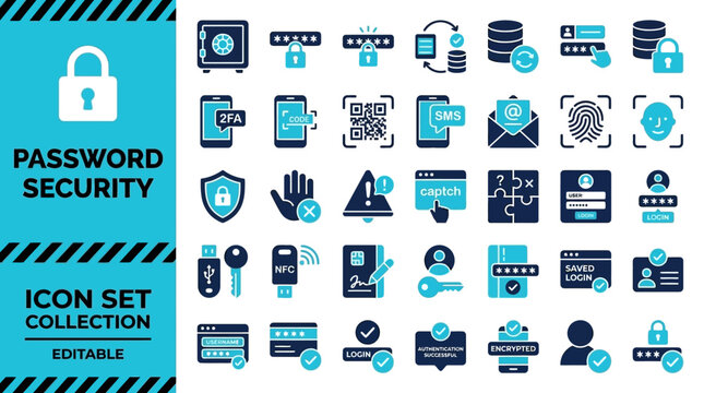 Cybersecurity authentication and password protection icon collection