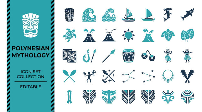 Polynesian mythology icon set featuring tiki masks and island symbols