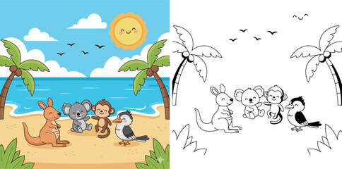 Cute Cartoon Animals on a Tropical Beach: Kangaroo, Koala, Monkey, and Bird together on sand with palm trees