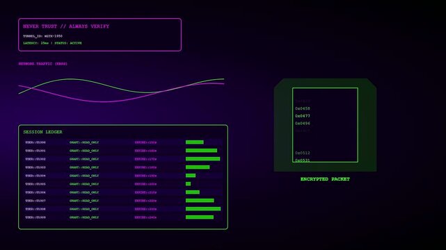 Digital streaming of zero trust security protocols visualizes active data packets and fluctuating network connection logs within an animated dark interface display for enterprise monitoring systems