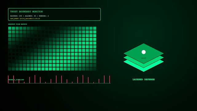 A zero trust network security interface displays data packets moving across a digital grid with layered defensive icons glowing in a dark neon green space