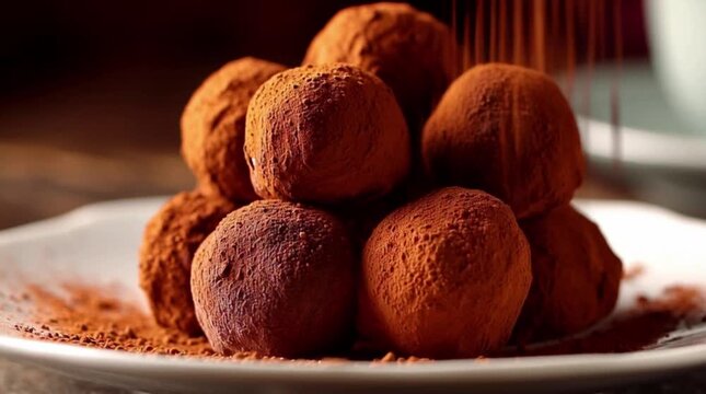 A close-up shot showcases a delightful pile of rich chocolate truffles, dusted with cocoa powder, exuding an indulgent and decadent aura.
