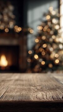 An empty table in front of a Christmas tree with garlands and a fireplace with a fire against a blurred background. This is a template for product display, with space for advertising, text, and brandi